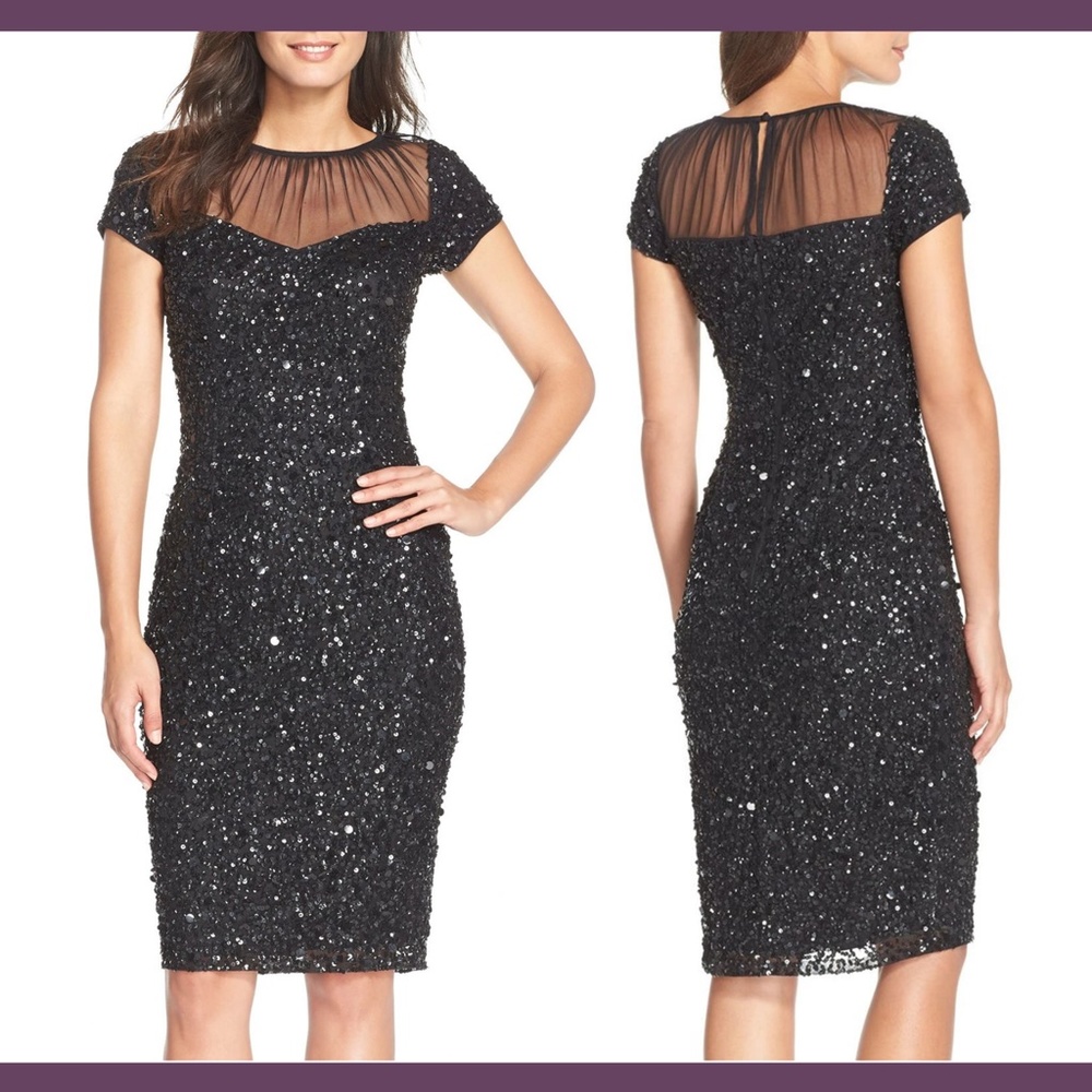 NWT $239 Adrianna‎ Papell Sequin Embellished Sheath Dress Black [SZ 4 ]